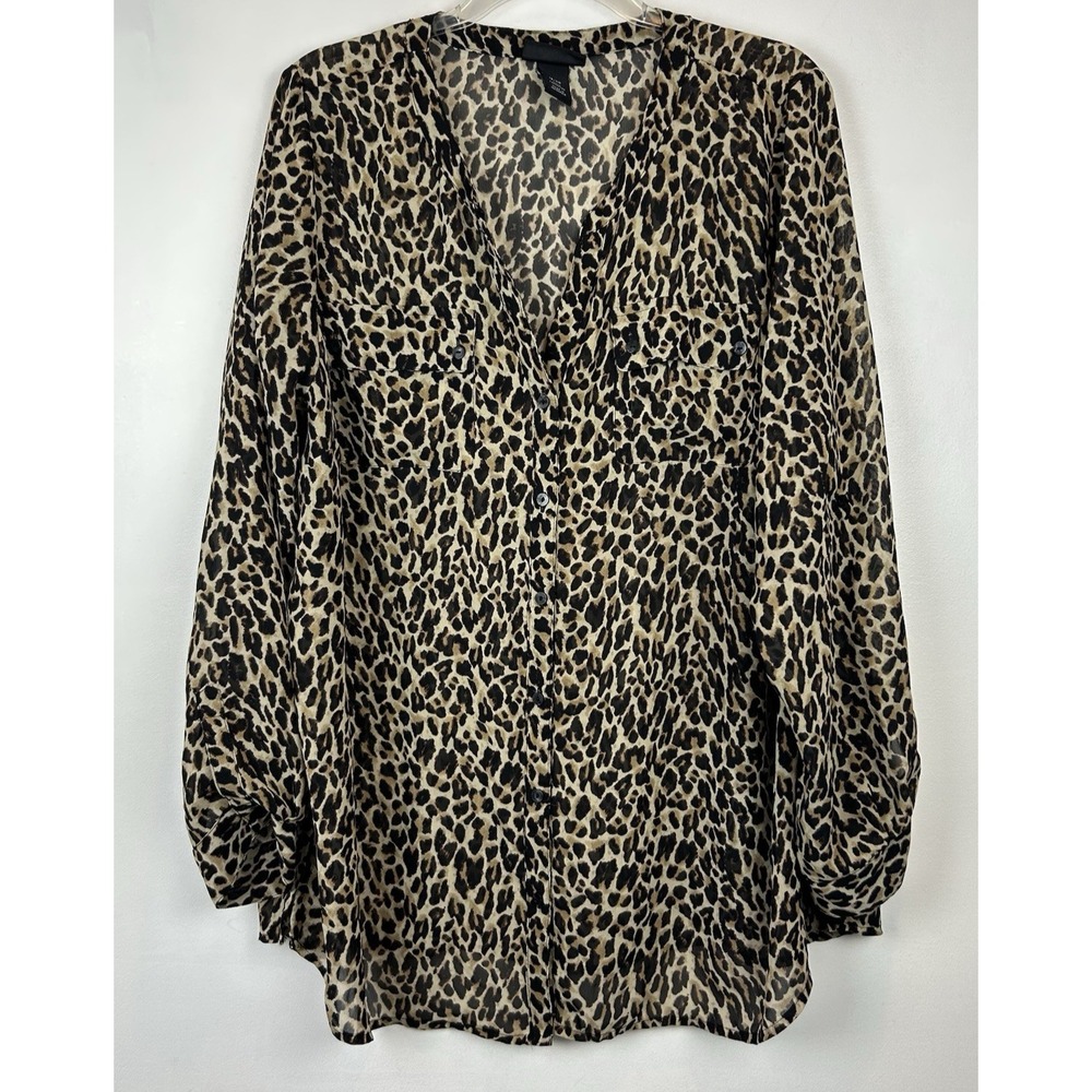 Lane Bryant Top Womens 18 Blouse Animal Print Full Button Office Career Sheer